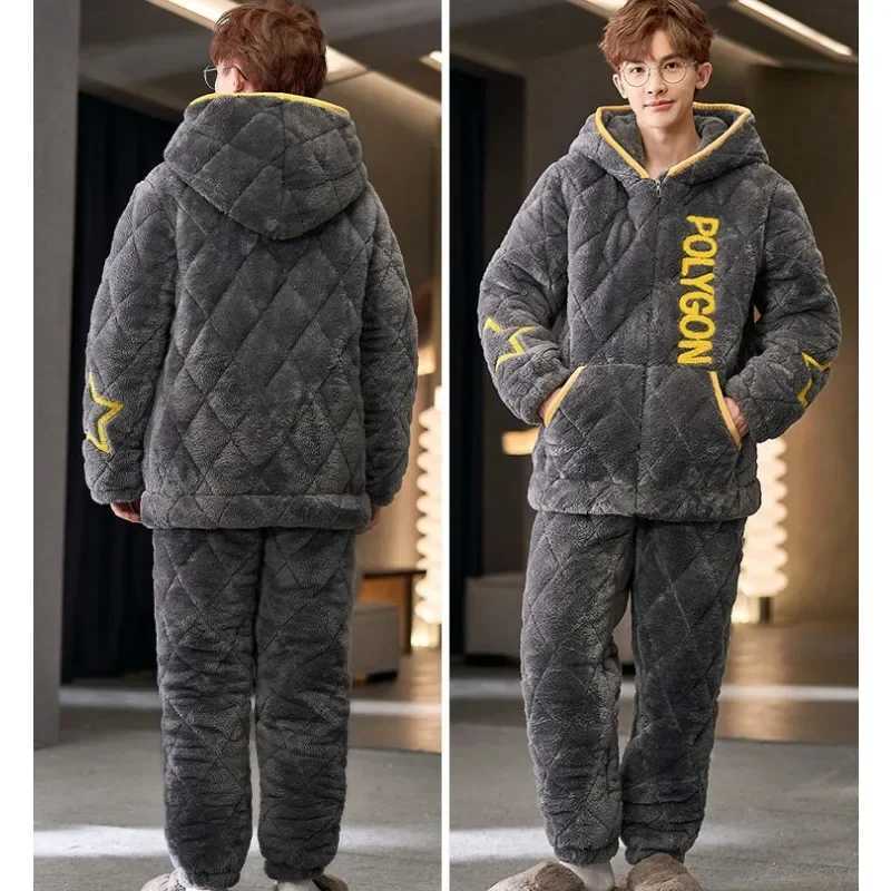 Pajamas Men Homewear Suit Winter Coral Fleece Home Sleep Clothes Thickened Three Layers Cotton Male Teen Plus Loungewear Set Y240913