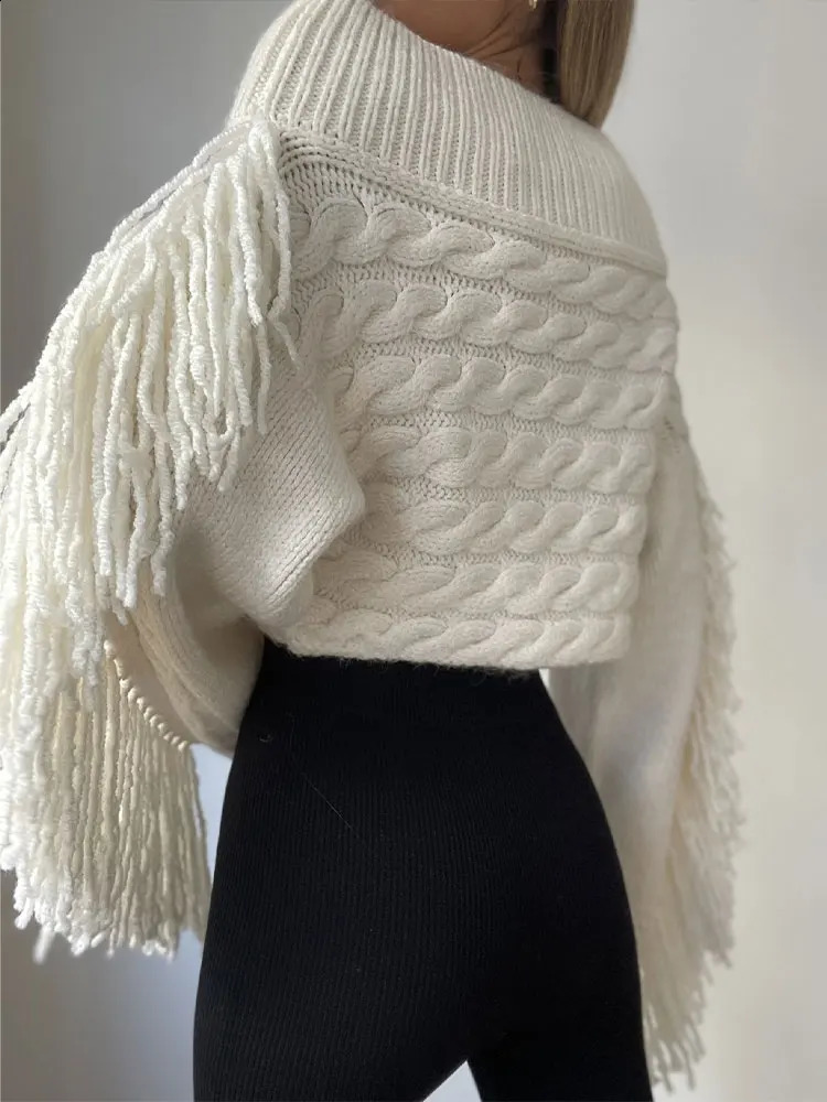 Fashion White Off Shoulder Tassels Sweater For Women Sexy Slash Neck Long Sleeve Pullover Autumn Female Knitted Jumpers 240911