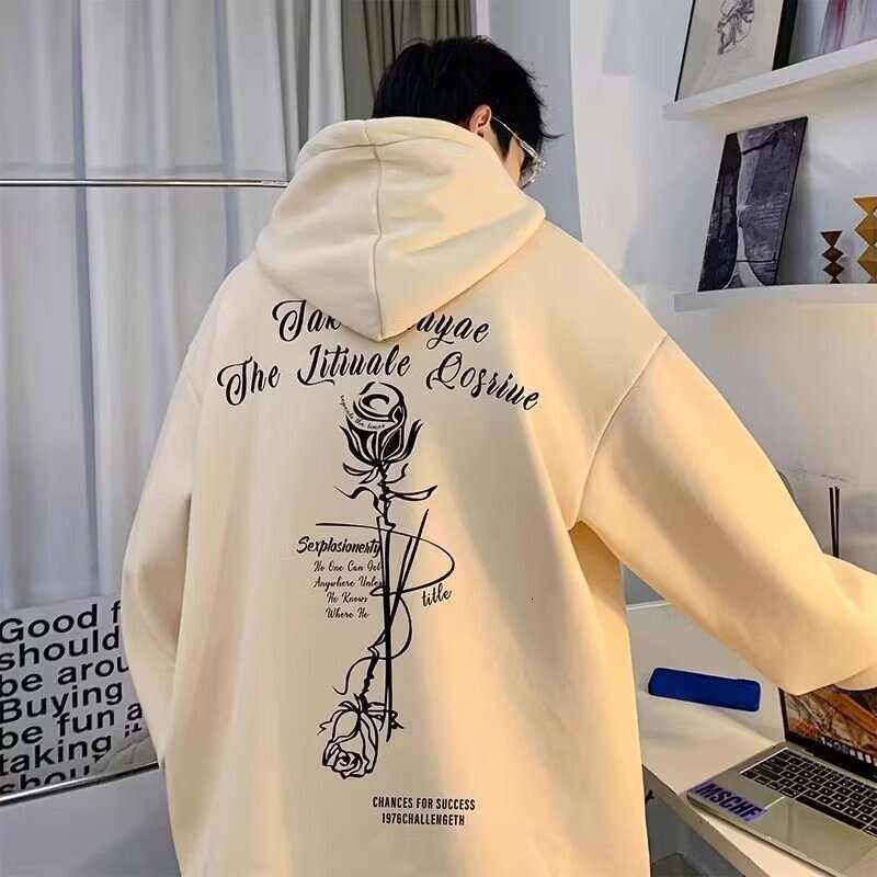 Rose Hooded Sweatshirt For Male Students, American Spring And Autumn Pullover Hoodie, Hoodie Trendy Brand, Loose And Versatile Hoodie Top, Trendy