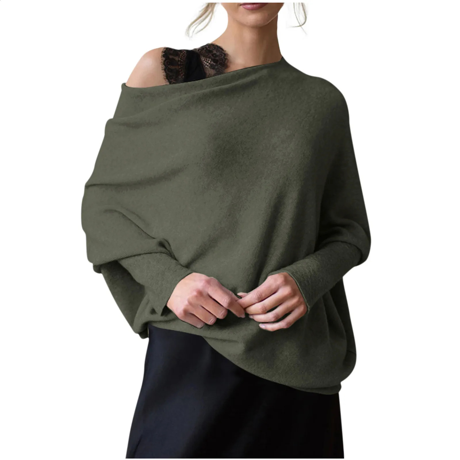 Womens Long Sleeve Neck Tunic Tops Fall Baggy Slouchy Pullover Sweaters Off The Shoulder Sweater 240911