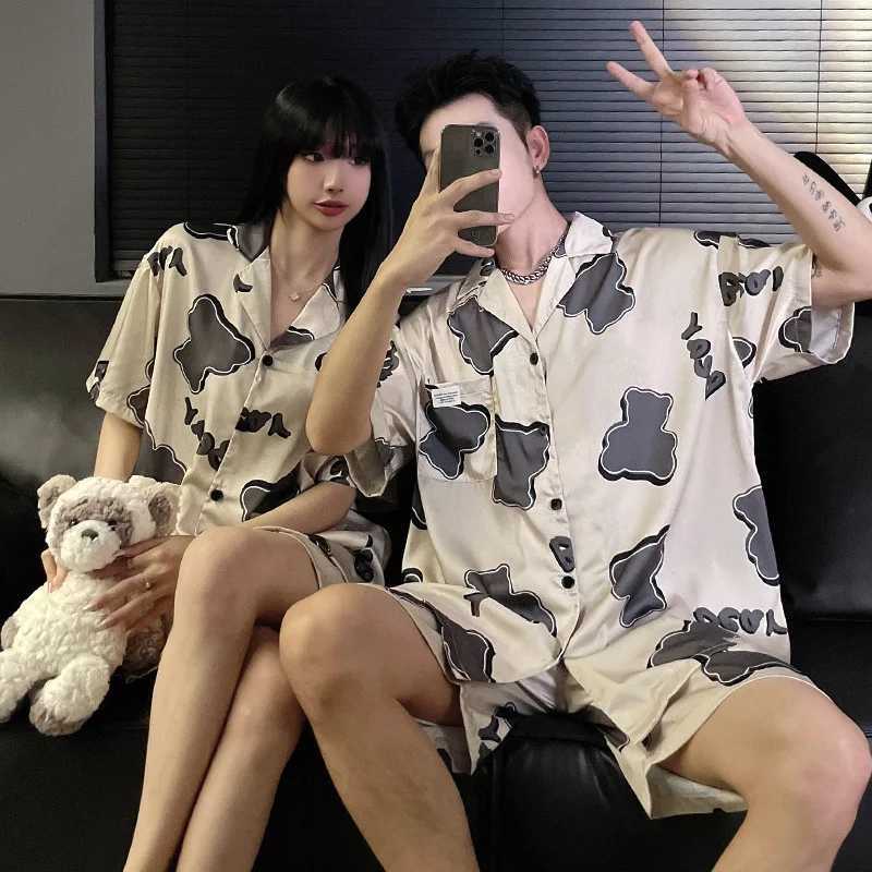 Women Ice Silk Pajamas Set Cartoon Bear Sleepwear Loungewear Button-Down Pajama Men Pijama Homewear Shorts Set for Couples Y240913