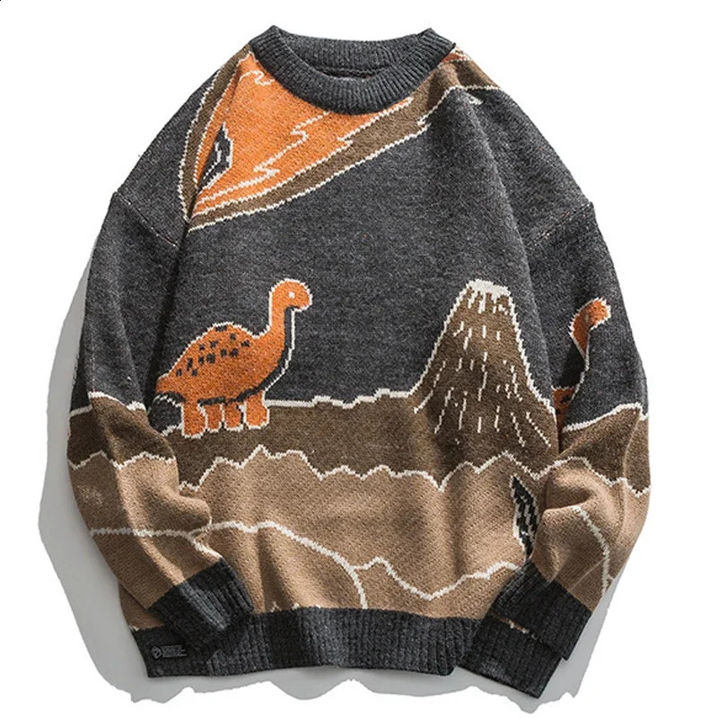 Harajuku Cartoon Dinosaur Knitted Sweater Mens Winter Womens Retro Floral Casual Japanese Street Clothing Unisex 240906