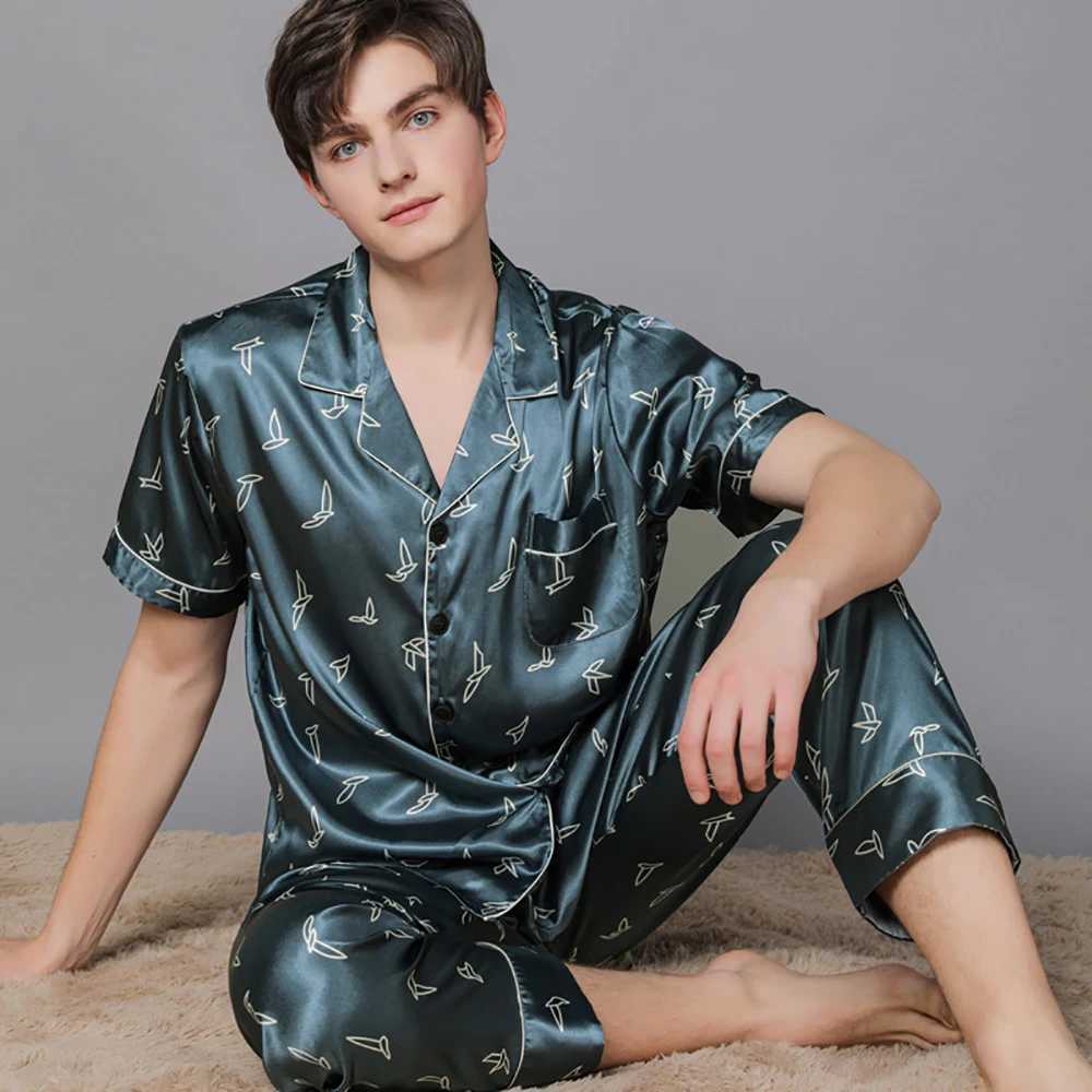 Summer Thin Men Pajama Sets Fashion Print Ice Silk Pajamas Plus Size Mens Sets Casual Sleepwear Pijama+Long Pants Pyjama Sets Y240913