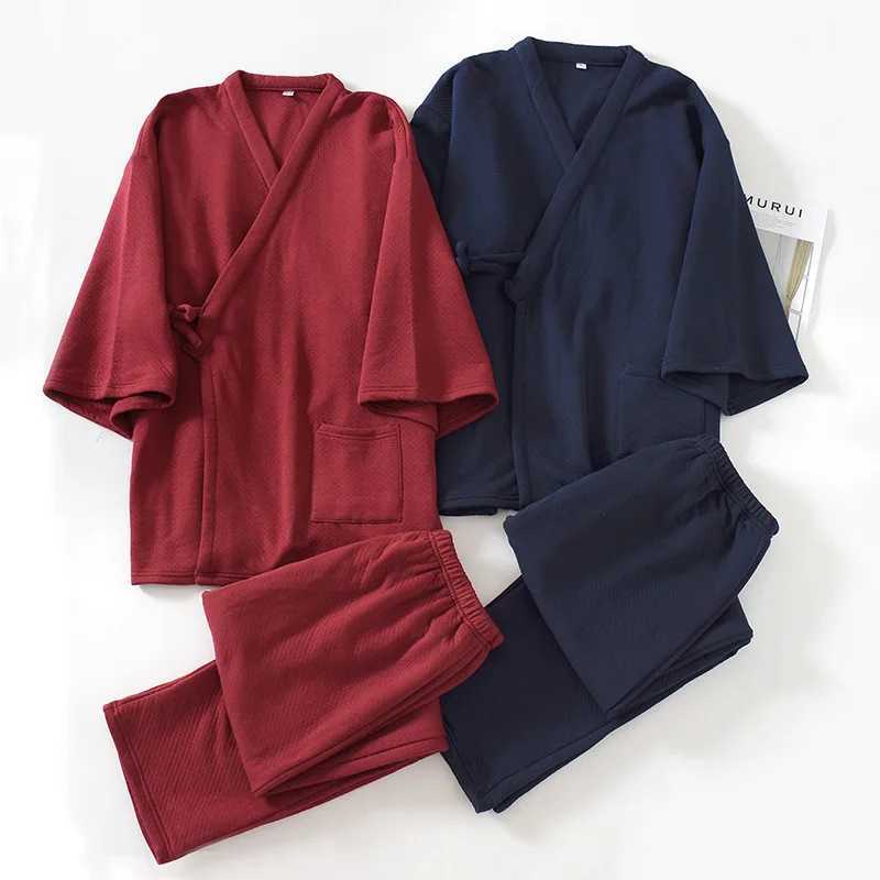 Autumn Winter Japanese Style MenS Kimono Pajamas 100% Cotton Air Layer Mixed With Cotton Oversize Sleepwear Two-Piece Nightie Y240913