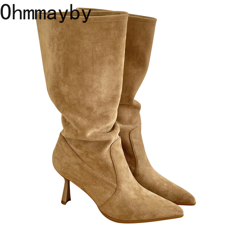 Heel High Women Western Cowgirl Boots Fashion Pointed Toe Shoes Autumn Winter Ladies Knight Mid Calf Booties b506