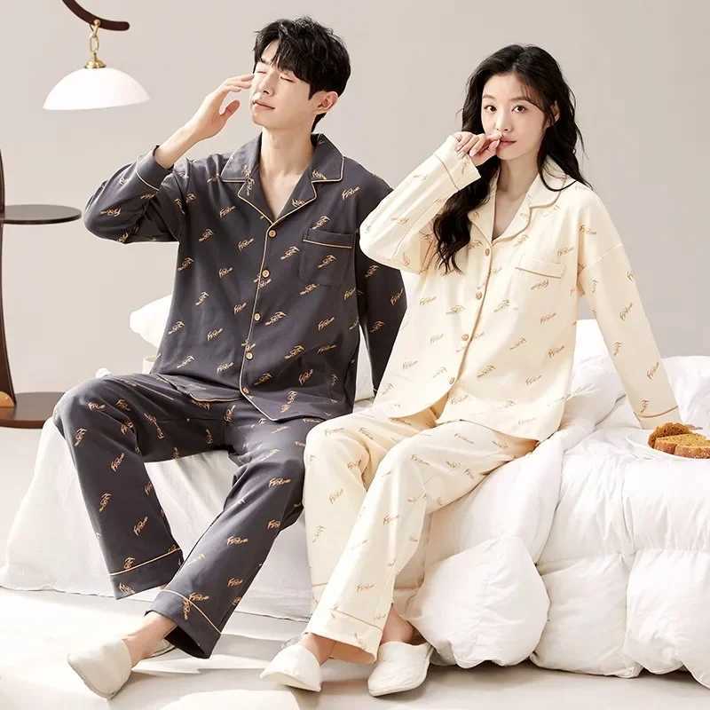 Korean Cotton Nightwear Couples Spring Men Long Pajamas Women Cardigan Fashion Loose Sleepwear Solid Pjs Pyjamas pijama mujer Y240913