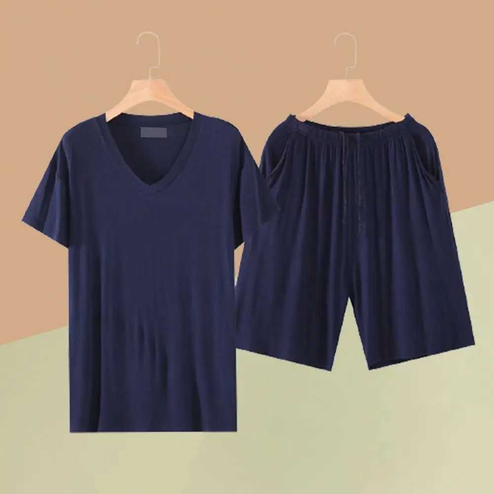 Summer Men Loungewear Breathable Viscose Solid Color Short Sleeve Men Sleepwear With Pocket Loose Elastic Male Shorts Pajamas Y240913