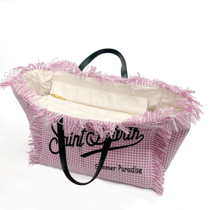 Fashionable Embroidered Letter Tassel Canvas Handbag Summer Beach Womens Bag Large Capacity Commuting Handbag Shopping Bag 240907