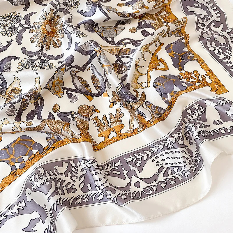 Spring 100% Mulberry Silk Scarf Women er Birds Horse Print Square Bandana Ladies Party Accessories Wear Shawl Foulard 240909
