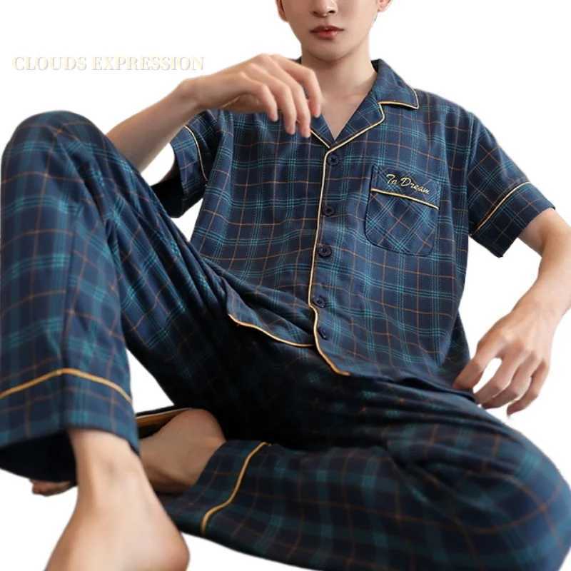 Summer Knitted Plaid Cool Mens Pyjamas Plus 5XL Pajama Sets Casual Pjs Lounge Masculine Sleepwear Nightwear Pijamas Homewear Y240913