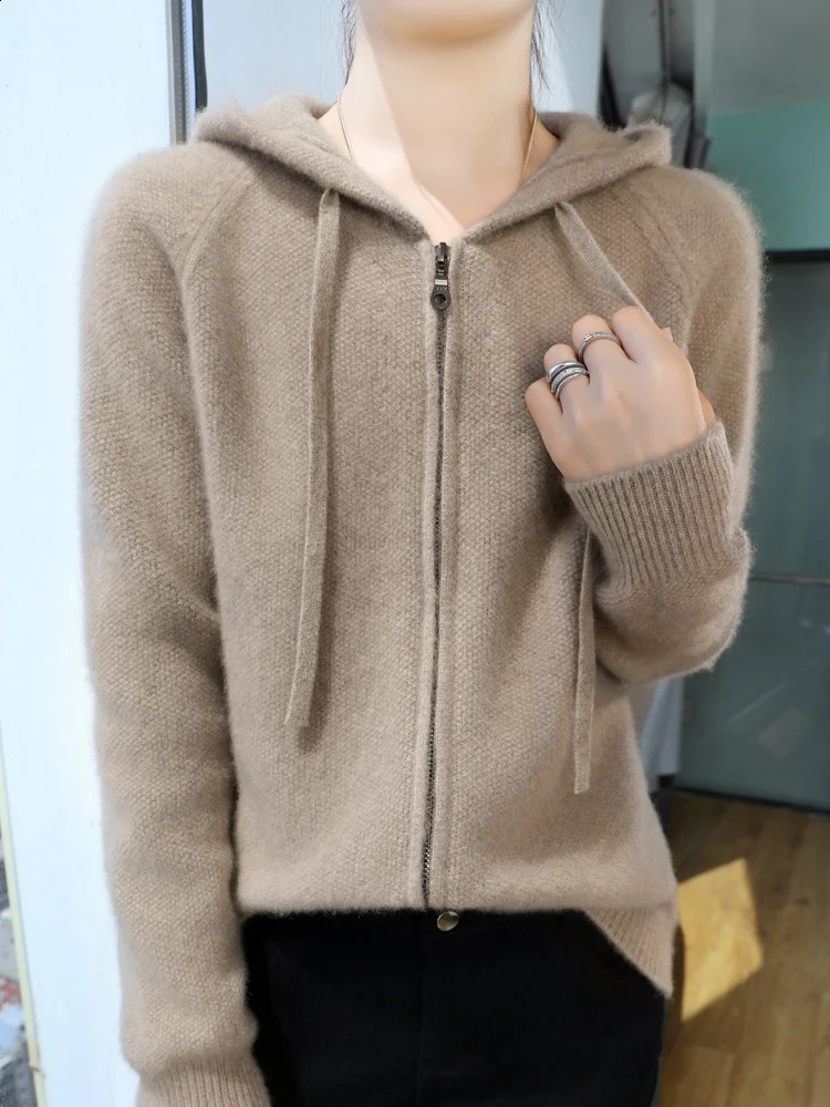 Womens zipper hooded cardigan autumn thick casual loose style cashmere sweater 100% Merino wool knitted top 240906