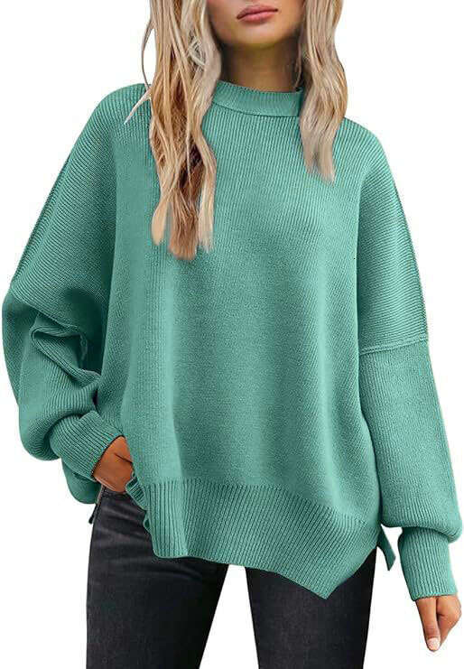 Women's round neck batwing long sleeved 2023 autumn knitted side slit pullover sweater for women