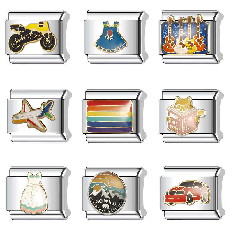 New Women's Gift Rainbow Car Motorcycle Bead Italian Charms Links Bangle Beads Fit 9mm Stainless Steel Bracelet Making DIY For Women Fashion Jewe