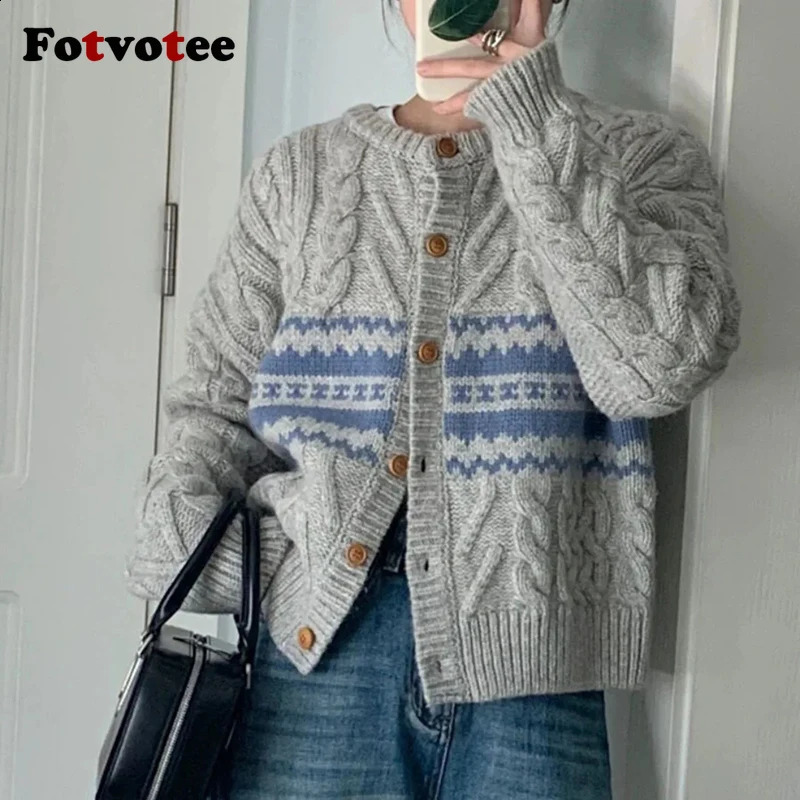 FOTVOTEE Sweater for Women Single Breasted ONeck Knitted Coat Autumn Stretch Fashion Long Sleeve Female Cardigans 240904