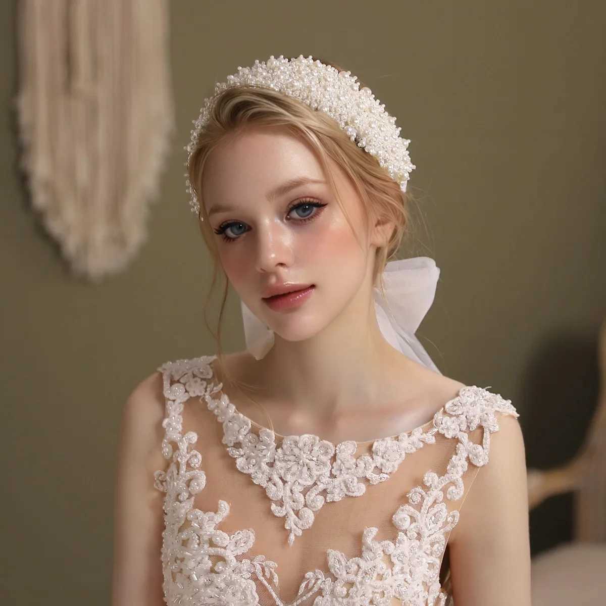 Handmade Pearl Thick Bead Headband For Women Anti Slip Patterned Fluffy Headband Bridal Wedding Hair Accessories GiftX240913