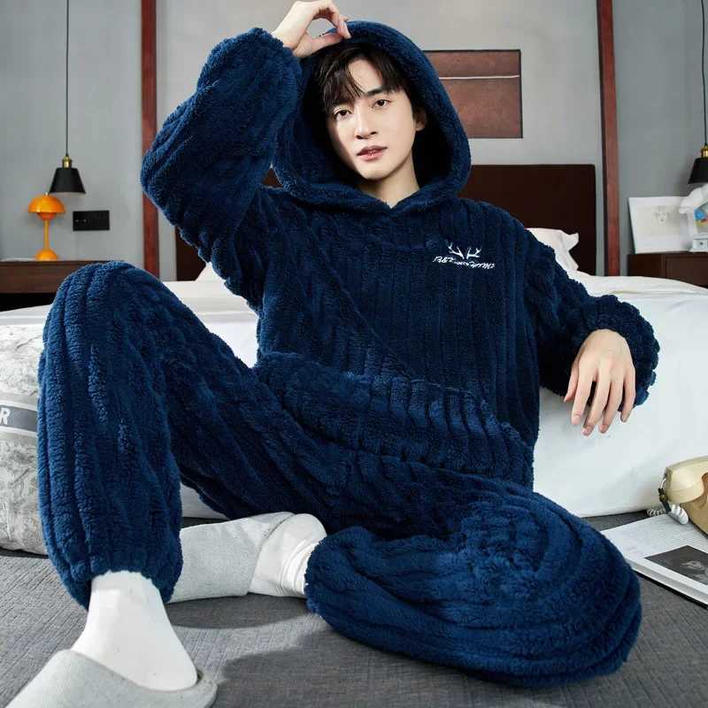 New Winter Mens Pajama Sets 2024 Thick Warm Hooded 2 Piece Homewear Set for Men Flannel Sleepwear Loose Long Sleeve Pajamas Men Y240913