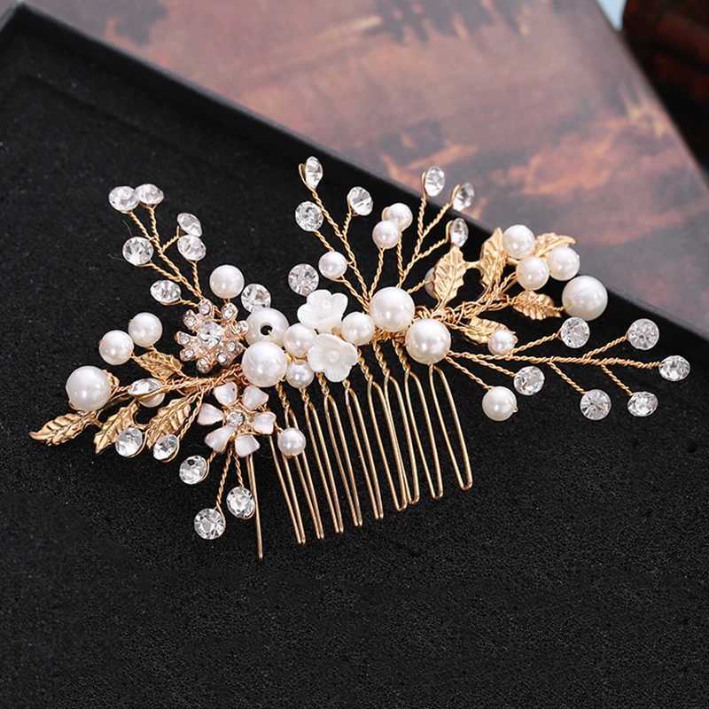 Gold Color Leaf Hair Combs Jewelry Rhinestone Pearl Hair Comb Tiaras Women Headpiece Wedding Bridal Hair Jewelry Accessories SLX240913