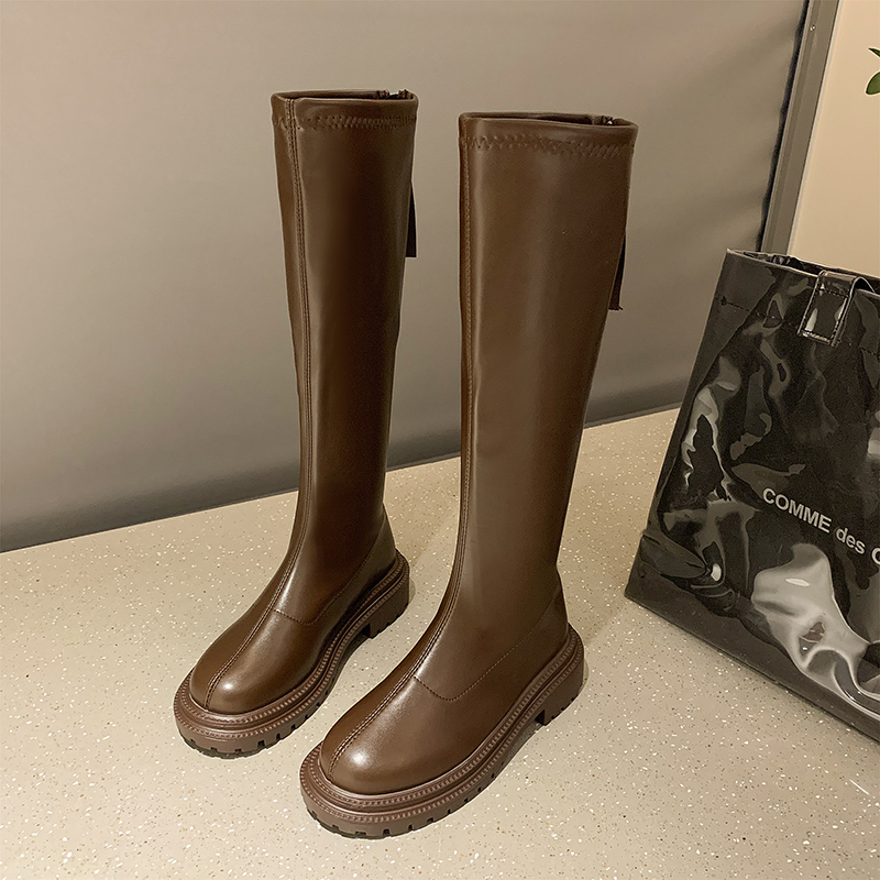 Casual Women Beige Brown Low Heels Knee Thigh High Soft Leather Platform Cowboy Winter Designer Punk Long Boots 35-42