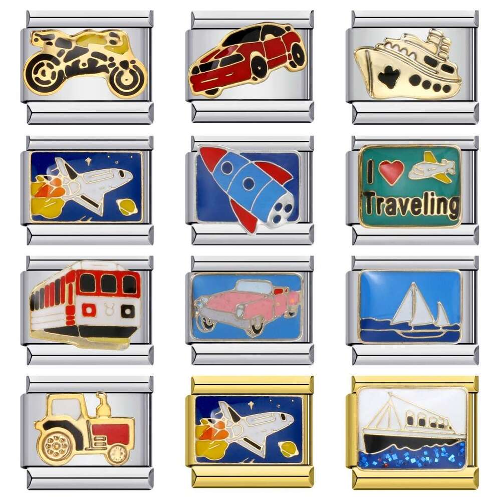 New Transportation Element Bead Titanium Steel Welding Pattern Enamel DIY Bracelet Accessories Italian Charm Links Fit 9Mm Bracelet Jewelry DIY Making