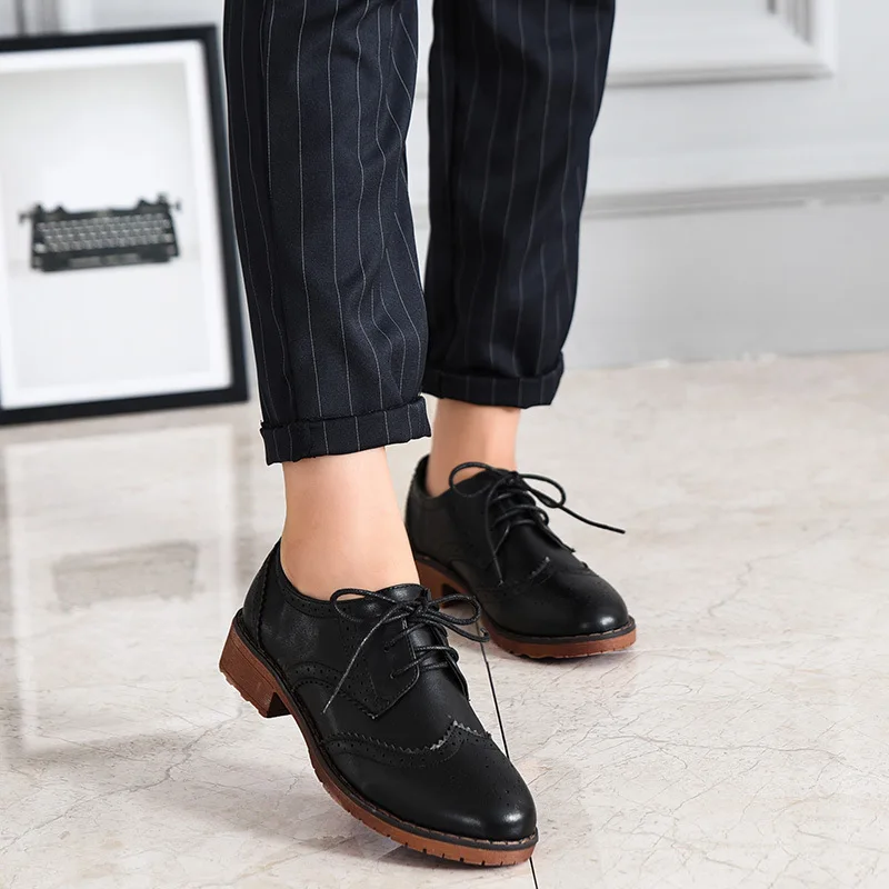 Leather oxford shoes for women flats round toe derby sneaker party casual shoes slip on loafers chaussure femme talon femme