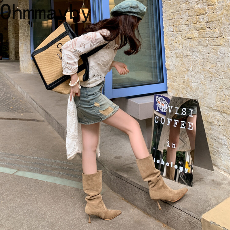 Heel High Women Western Cowgirl Boots Fashion Pointed Toe Shoes Autumn Winter Ladies Knight Mid Calf Booties b506