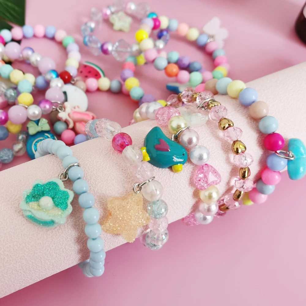 5 pieces/set of cute unicorn cartoon heart star bracelets for children and girls elastic candy bead bracelets cute jewelry W240913