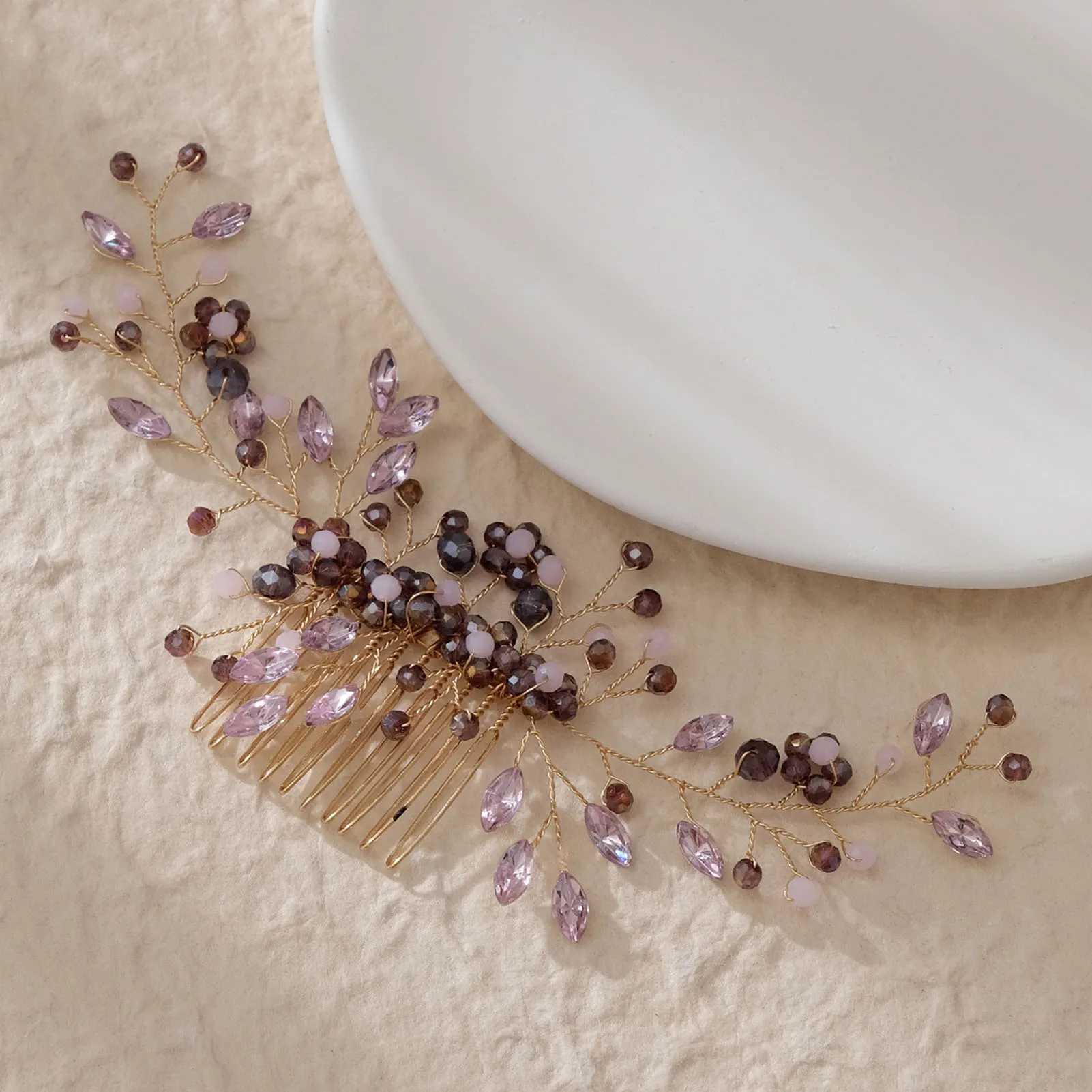 Purple Crystal Beaded Hair Combs for Bride Wedding Hair Jewelry Flower Hairpins Clips Headbands Women Party Hair AccessoriesX240913