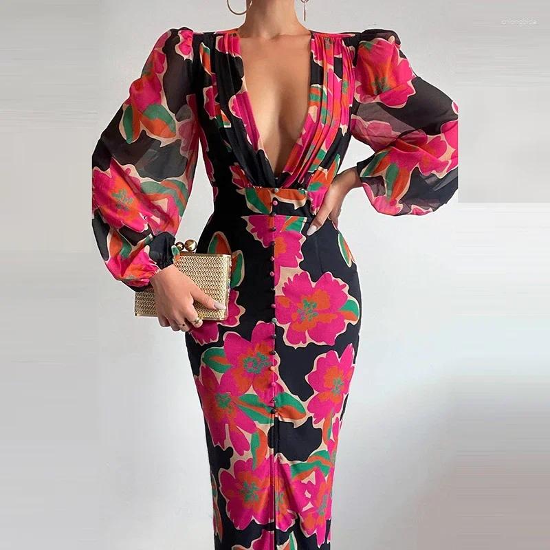 Casual Dresses Sexy Women Deep V-Neck Slit Party Dress Spring Summer Lantern Sleeve Slim Fit Bodycon Elegant Printed Evening