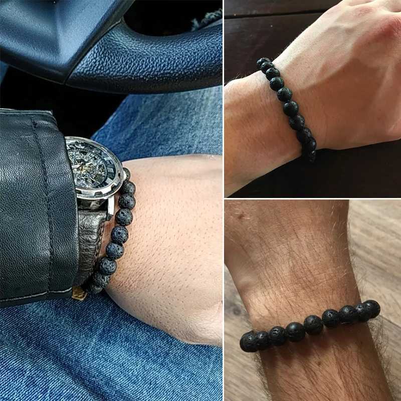 Natural volcanic bead bracelet mens charm black lava bracelet essential oil diffusion elastic bracelet womens jewelry Pulseras W240913