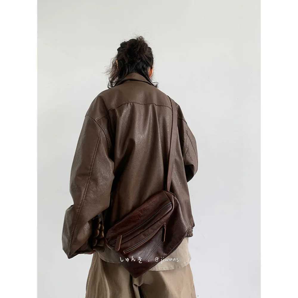 Autumn Winter Vintage Oversized Cool Brown Black Soft Pu Leather Jacket Men Pockets Loose Casual Unisex Clothes 2024X240913