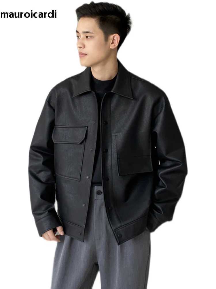 Mauroicardi Spring Autumn Cool Short Matte Black Pu Leather Jacket Men Turn-down Collar Pockets Loose Casual Korean Clothes 2024X240913
