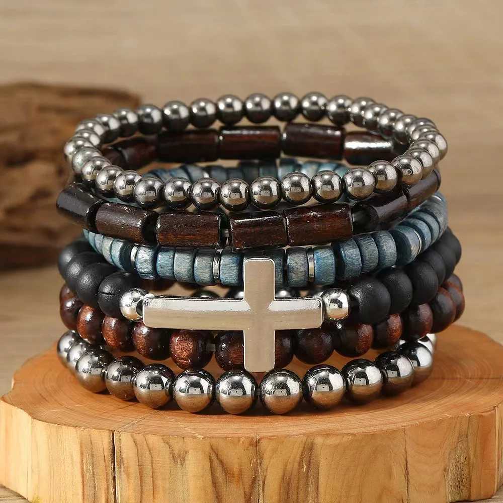 Cross Life Tree 5-piece/set retro bronze ethnic leisure wood bead feather charm leather womens bracelet mens jewelry W240913