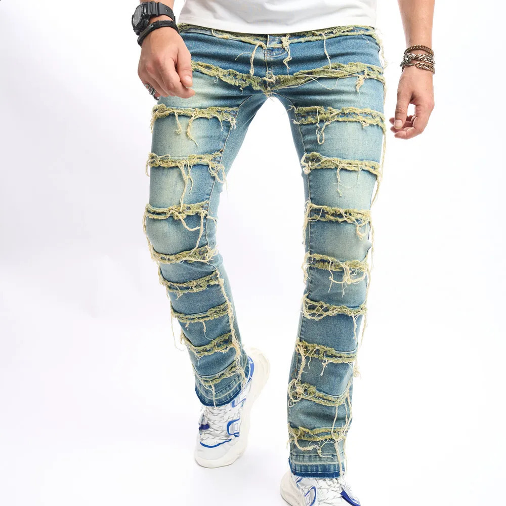 Men Retro Style Stacked Spliced Slim Straight Biker Jeans Pants Streetwear Male Casual Denim Trousers 240912