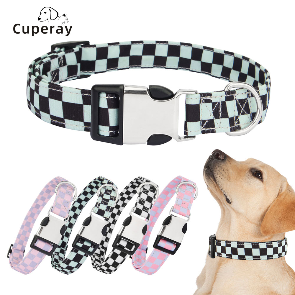 Dog Collar Adjustable Soft Comfortable for Small Medium Large Dogs Cats Outdoor Walking Running Checker Pattern Dog Accessories