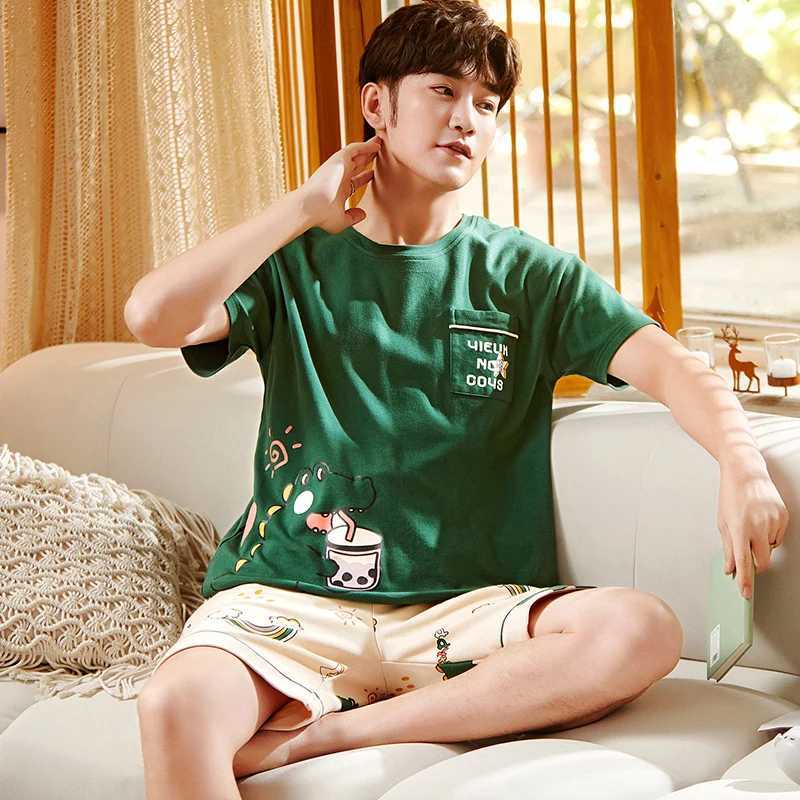 Korean Cotton Mens Loungewear 2 Pieces Set Pajamas Set Short Sleeves Sleeping Tops Pants Sleepwear Summer Casual Homewear Y240913