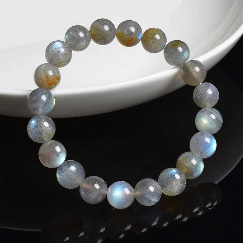 Natural Grey Labrador Bracelet Sparkling Smooth Spectral Stone Moonstone Round Elastic Bead Bracelet True Natural Stone Jewelry W240913