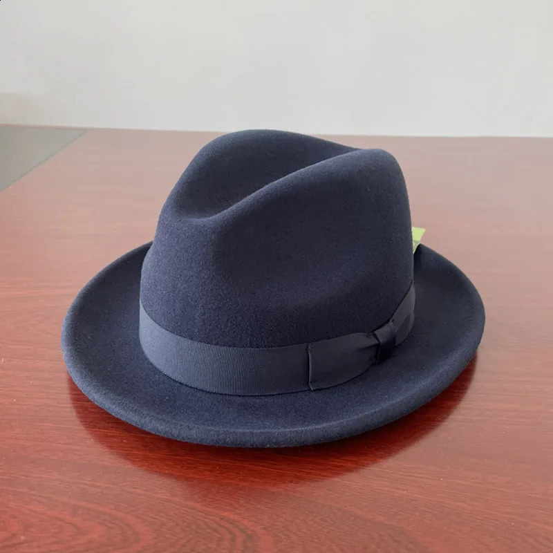 British Short Brim Fedora Hat Mens Wool Felt Trilby Hat Big Head Satin Thread High Quality Container 240909 - view 4