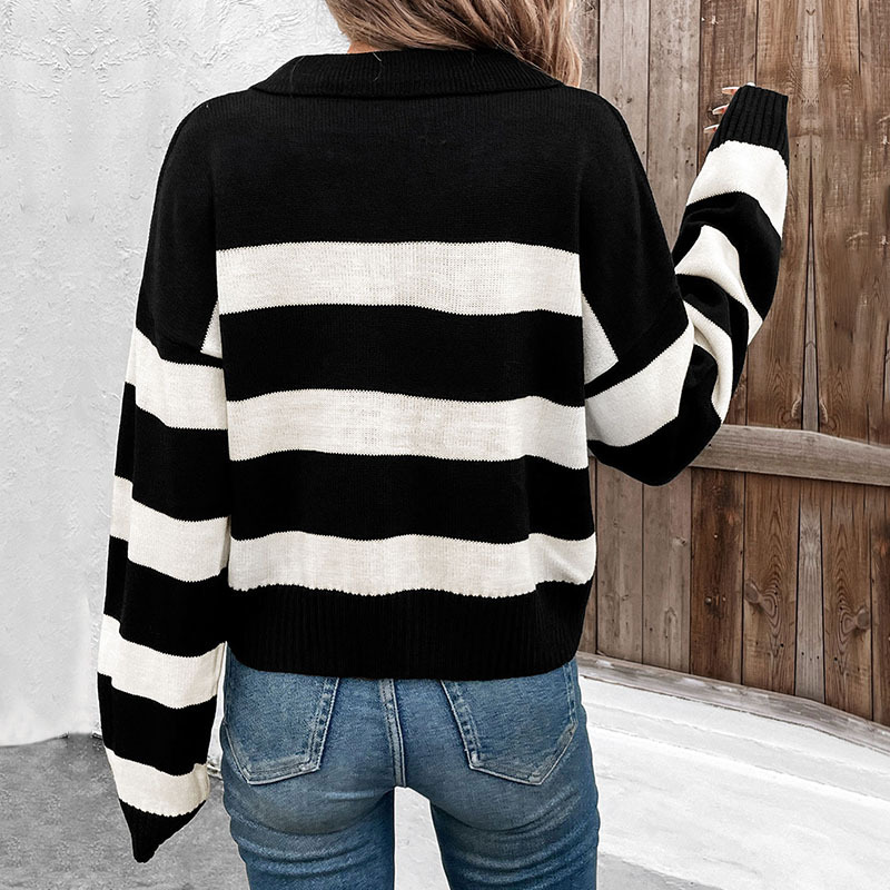 2024 Autumn Loose Top Black and White Striped Collar Knitted Shirt for Women
