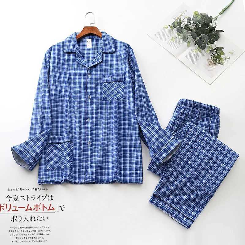 Spring Autumn Men Casual Plaid Pajama Sets Male 100% Cotton Flannel Sleepwear Suit Men Long Sleeve Turn-down Collar Home Clothes Y240913