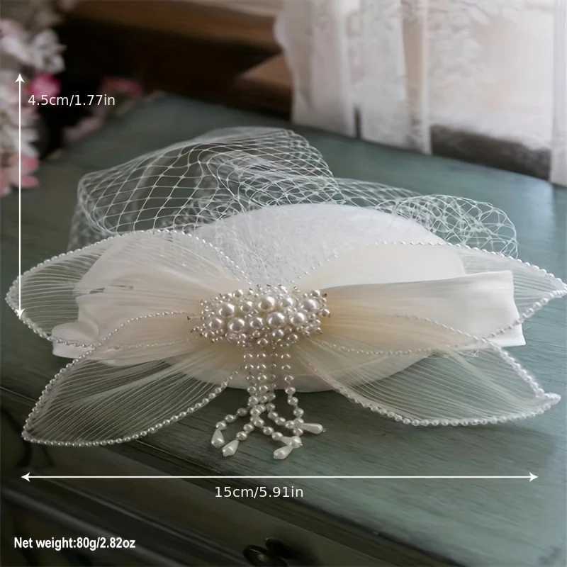 Brides Wedding Gown Headdress Vintage Elegant Mesh Top Hat Female White Fairy Hanfu Hair Accessories Super Fairy Pearl HeaddresX240913