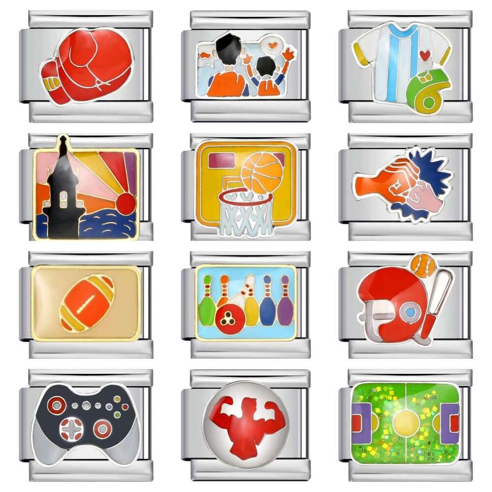 Ball Sports Pattern Italian Modular Titanium Steel Welded Enamel Bracelet Italian Charm Links Stainless Steel Fit 9mm Bracelet Jewelry DIY Making Gift