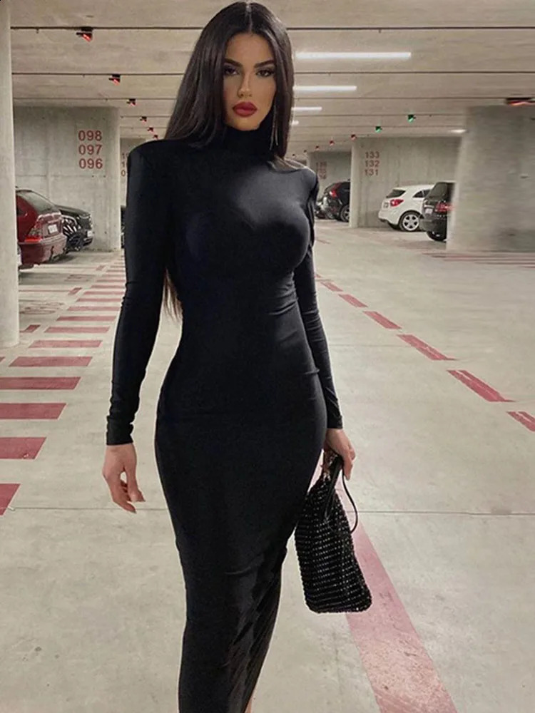Womens SpringSummer Fashion Long Sleeve Street Clothing Tight Black Midi Dress Wholesale Products 240913