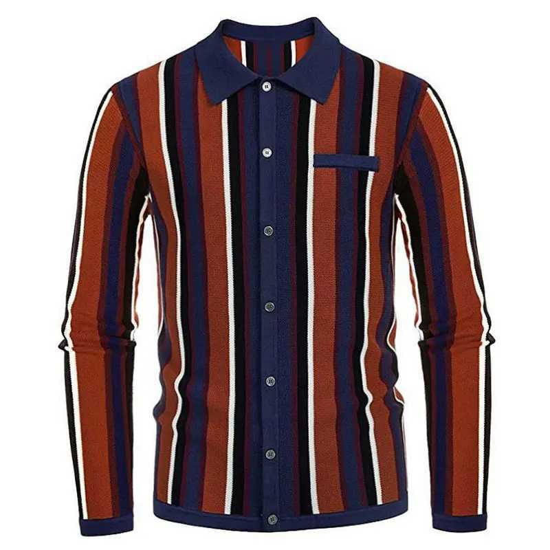 Autumn clothing mens knitted patch work polo shirt street clothing retro elastic button long sleeved casual knitting W240913