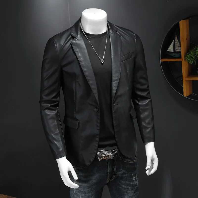 2023 New Trend Slim Fit Leather Coat Suit Mens Single Button Leather Coat Casual Small Suit Mens Korean Popular Jacket TrendX240913
