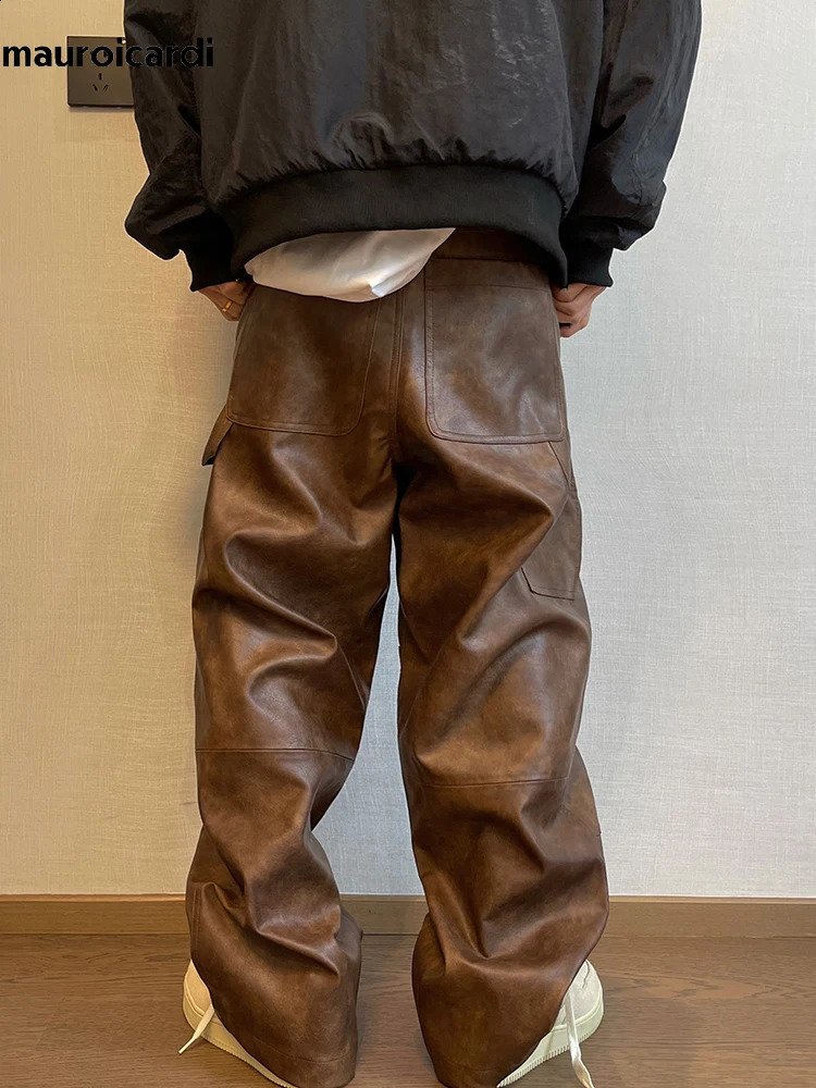 Mauroicardi Autumn Long Retro Cool Baggy Distressed Washed Brown Soft Pu Leather Wide Leg Pants for Men Clothes 240911