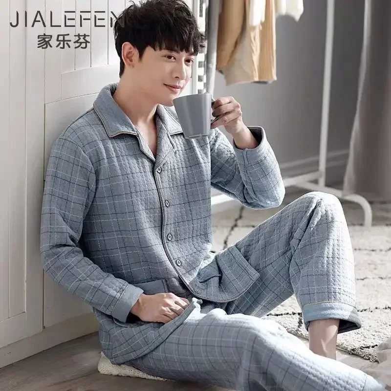 Fall Winter Thicken Mens Pajama Sets Simple Warm Sleepwear Cotton Top Pant Leisure Outwear Soft Plus Size Loungewear 2024 Y240913