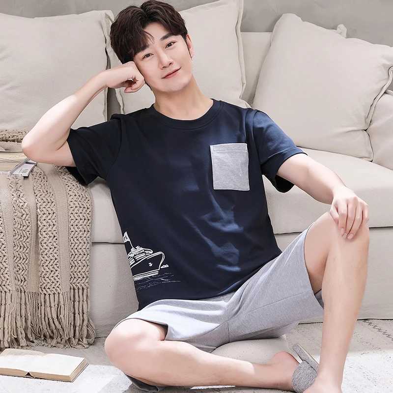 Korean Cotton Mens Loungewear 2 Pieces Set Pajamas Set Short Sleeves Sleeping Tops Pants Sleepwear Summer Casual Homewear Y240913