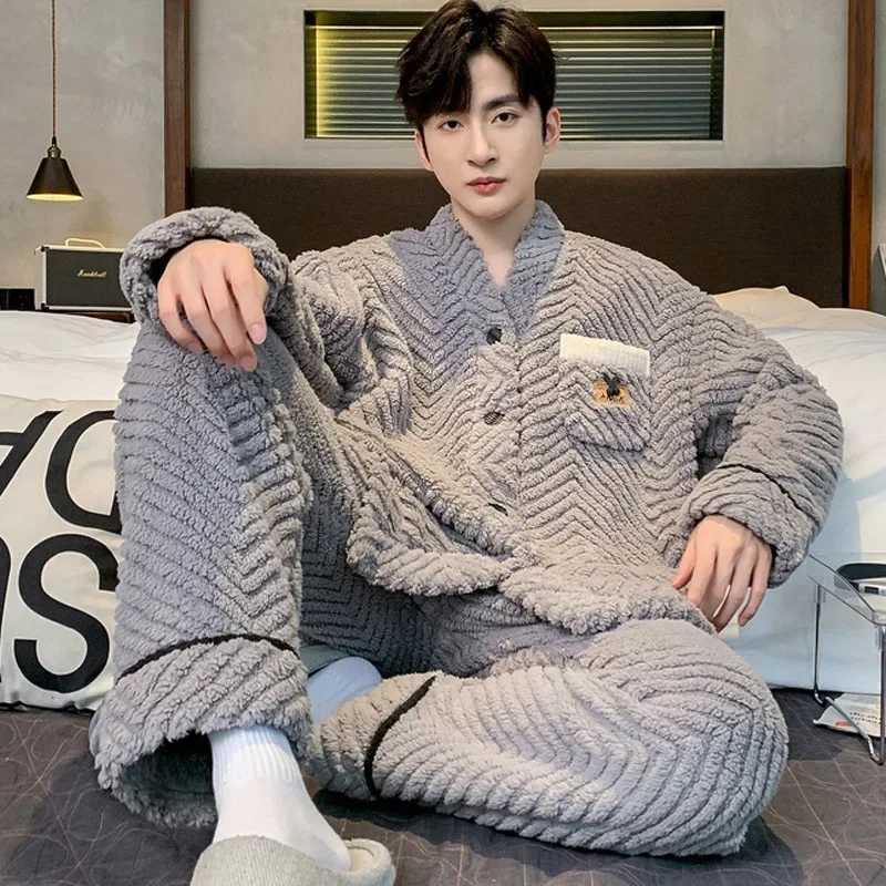 Mens Winter Warm Coral Fleece Pajama Sets Fluffy Coat + Long Pants Male Sleepwear for Sleeping 2 Pieces Home Wear Loungewear Y240913