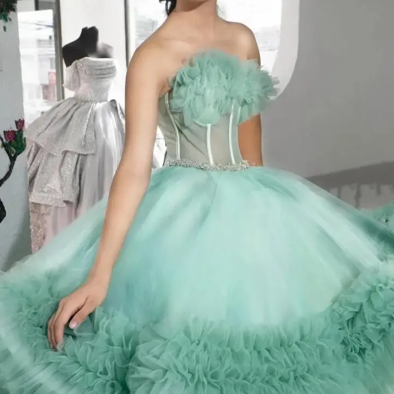 Light Green Quincenara Dresses Off The Shoulder Champagne Tull Tiered Quinceanera XV Sweet 16 Dress Ball Gown Vestido De 15 Anos