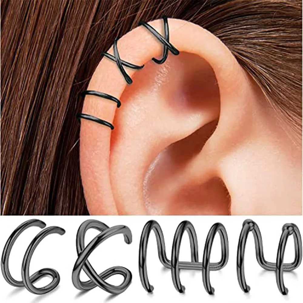 2-4pcs Stainless Steel Black Ear Criss Cross Double Lines Adjustable Ear Cuff Earrings Non-Piercing Fake Cartilage Clip On WomenX240913